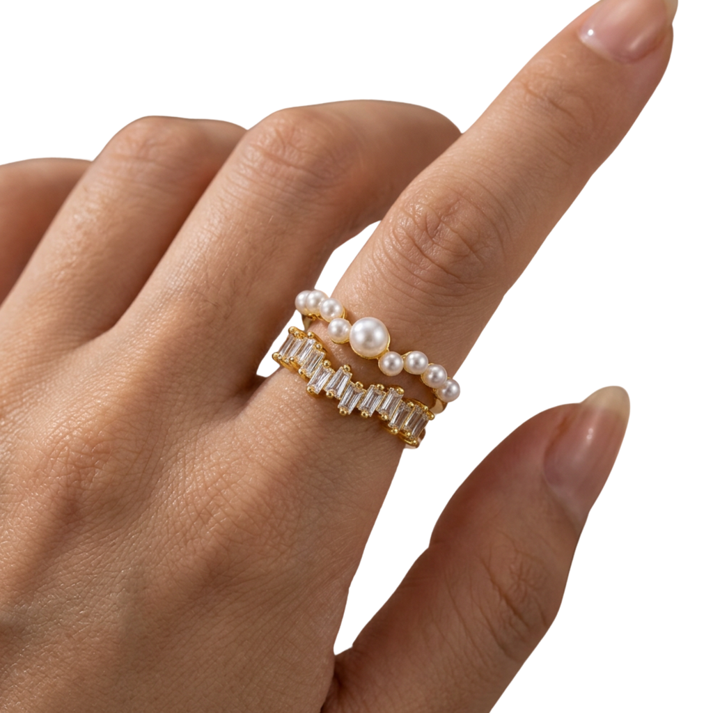 Pearl & Crystal Double Band Ring