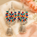 Silver Frame Enamel Leaf Jhumkas Earrings