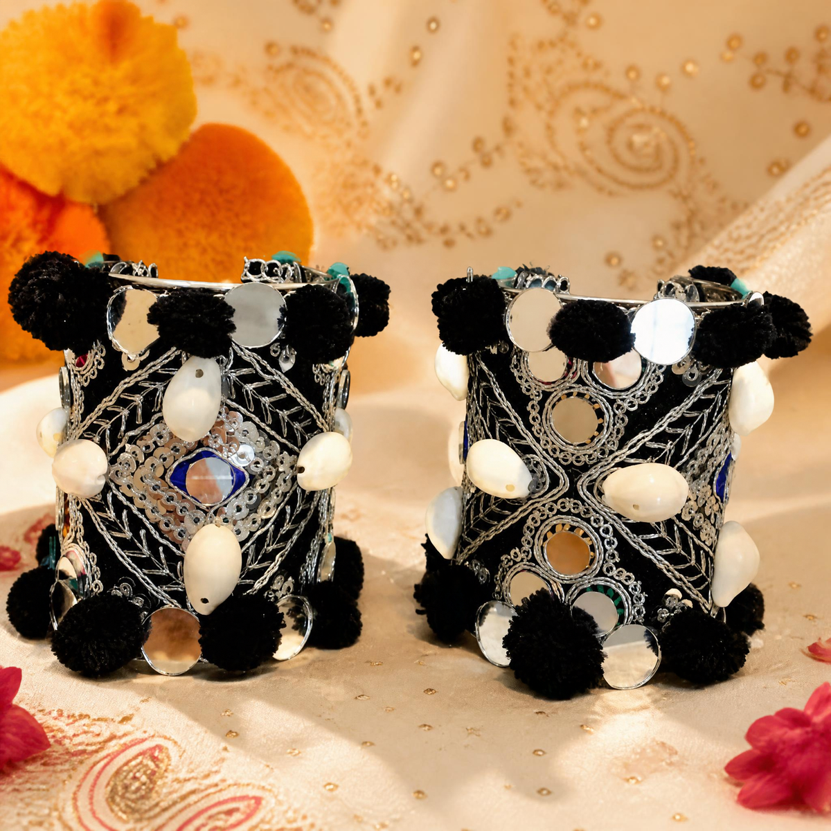 Silver Thread Mirror Work Banjara Cuff Pair