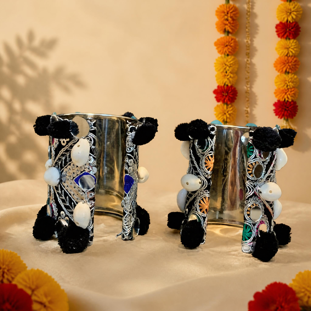 Silver Thread Mirror Work Banjara Cuff Pair