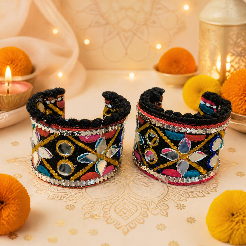 Colourful Embroidered Mirror Hand Cuffs (Pair)
