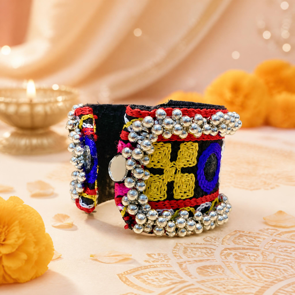 Geometric Threadwork Mirror Hand Cuff